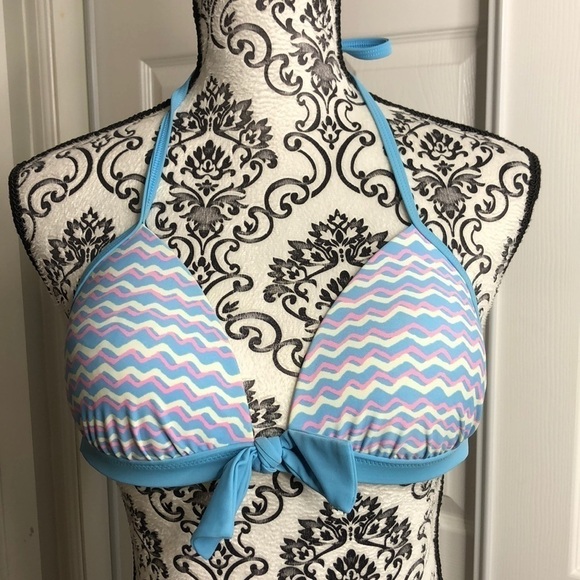Aerie Bikini Top Blue Pink Bikini Top Padded Push Up Neck Back Ties M - Picture 1 of 6